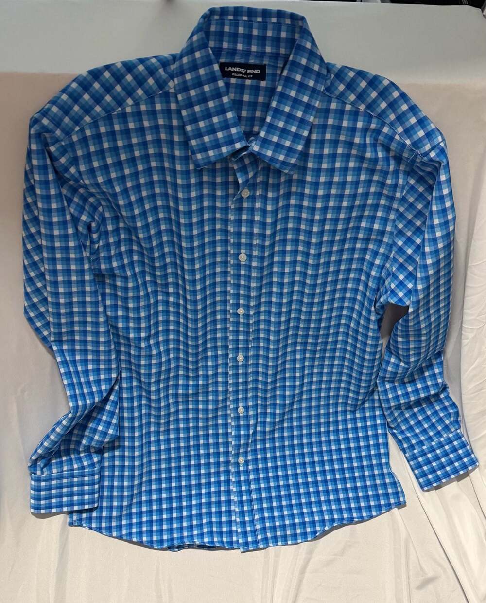 Lands End Men's Regular Fit Blue and White Gingham Long Sleeve Button-Down Shirt